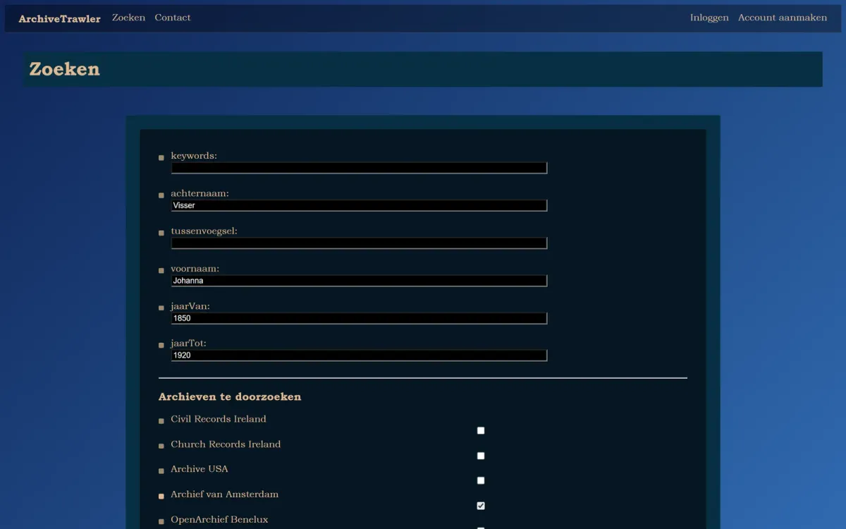 Archive Trawler's search form, in Dutch: fields for keywords, surname (Visser), name prefix, first name (Johanna) and the years 1850 to 1920, and below them the archives to search, with Archief van Amsterdam ticked.