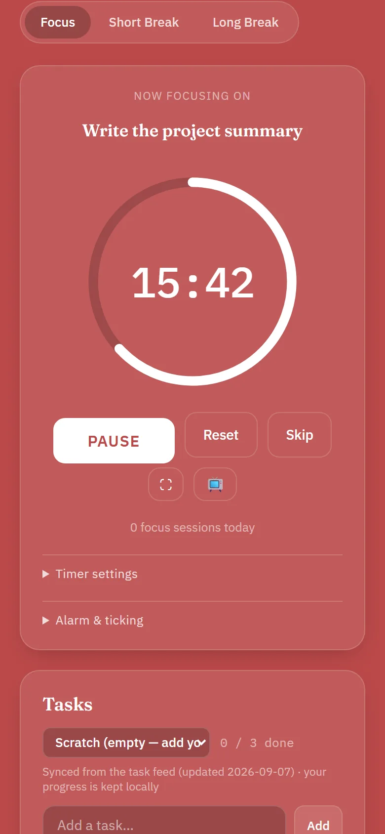 Focus Desk on a phone during a focus session: the ring at 15:42 with Pause, Reset and Skip buttons, and the task list below.
