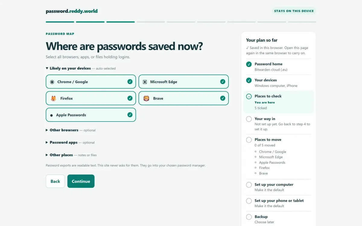 The password map step: 'Where are passwords saved now?', with Chrome, Microsoft Edge, Firefox, Brave and Apple Passwords ticked, more browsers, password apps and other places folded away, and a note that the site never asks for password exports.