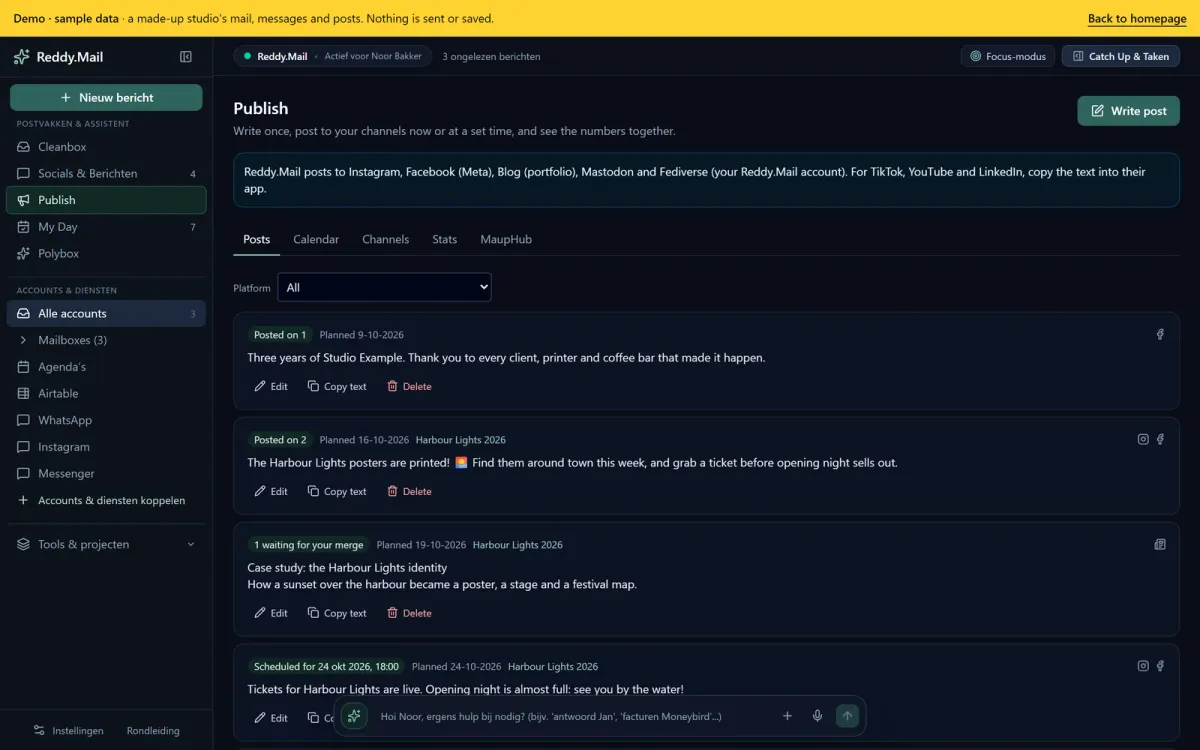 Publish: posts written once for several channels, each marked as posted, waiting or scheduled, with tabs for posts, calendar, channels and stats.