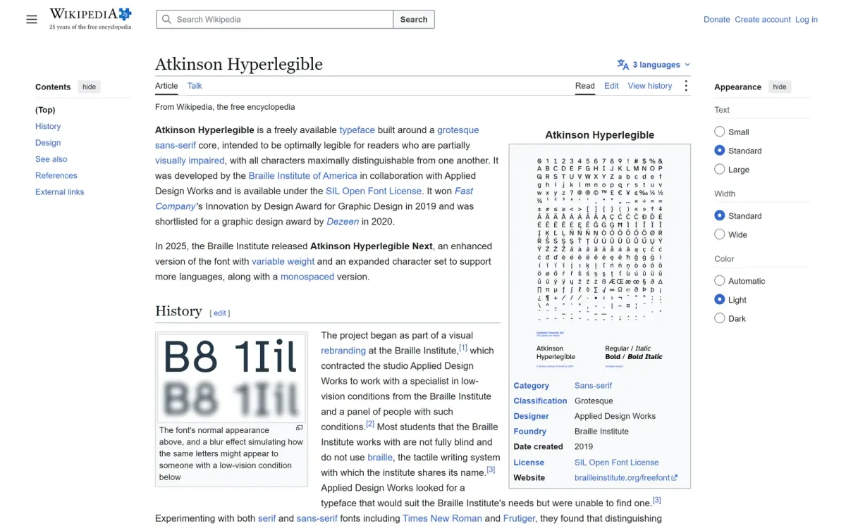 The Wikipedia article on Atkinson Hyperlegible as Wikipedia shows it: black text on a white page with blue links, the contents on the left and the appearance settings on the right.
