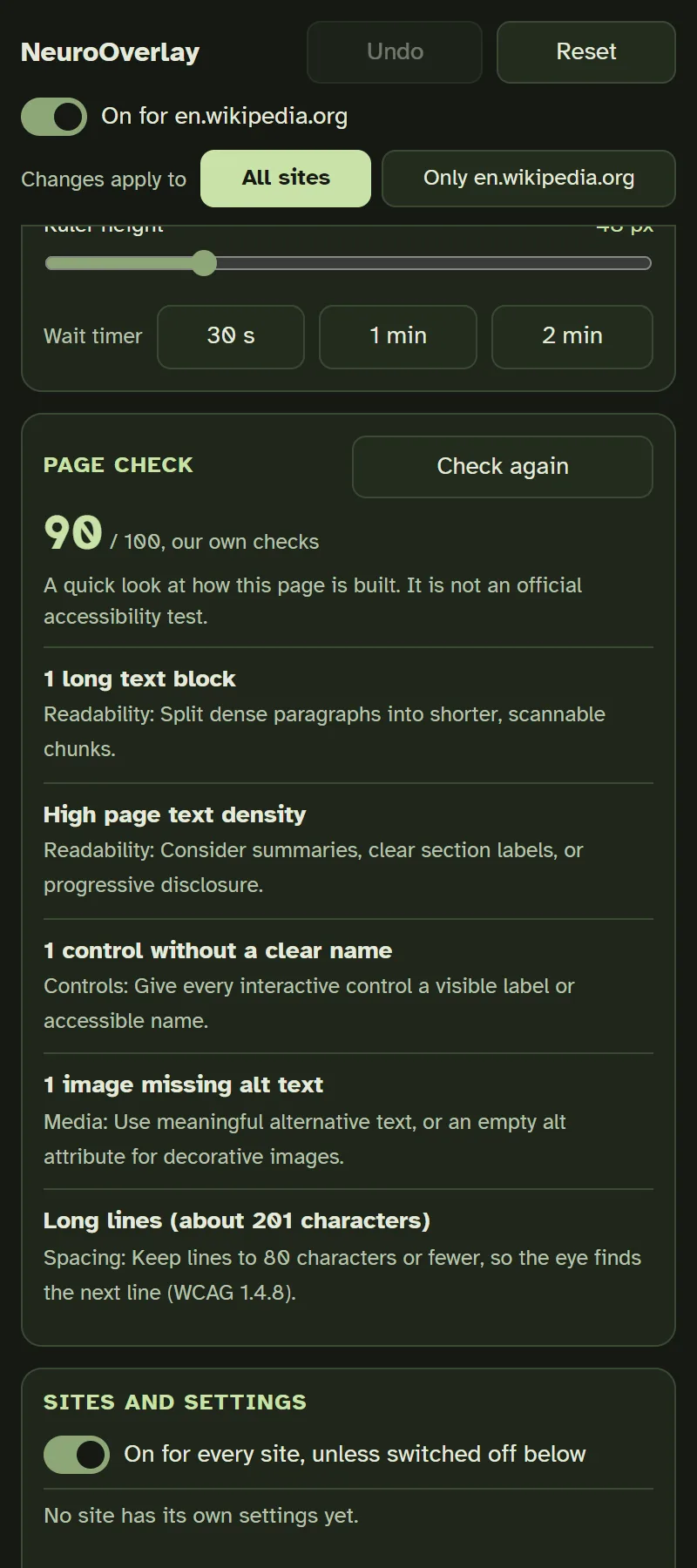 The side panel's page check for the article: 90 out of 100 from its own checks, then five findings, from one long text block to lines of about 201 characters, each with a suggestion.