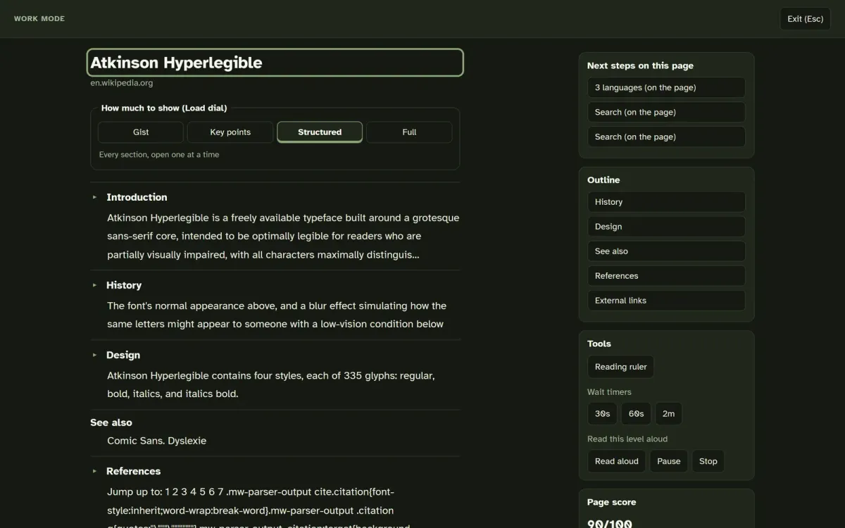 NeuroOverlay's Work mode on the same article: the title, a dial with Gist, Key points, Structured (selected) and Full, the sections as short folded blocks, and a side column with next steps, the outline, tools (reading ruler, wait timers, read aloud) and the page score.